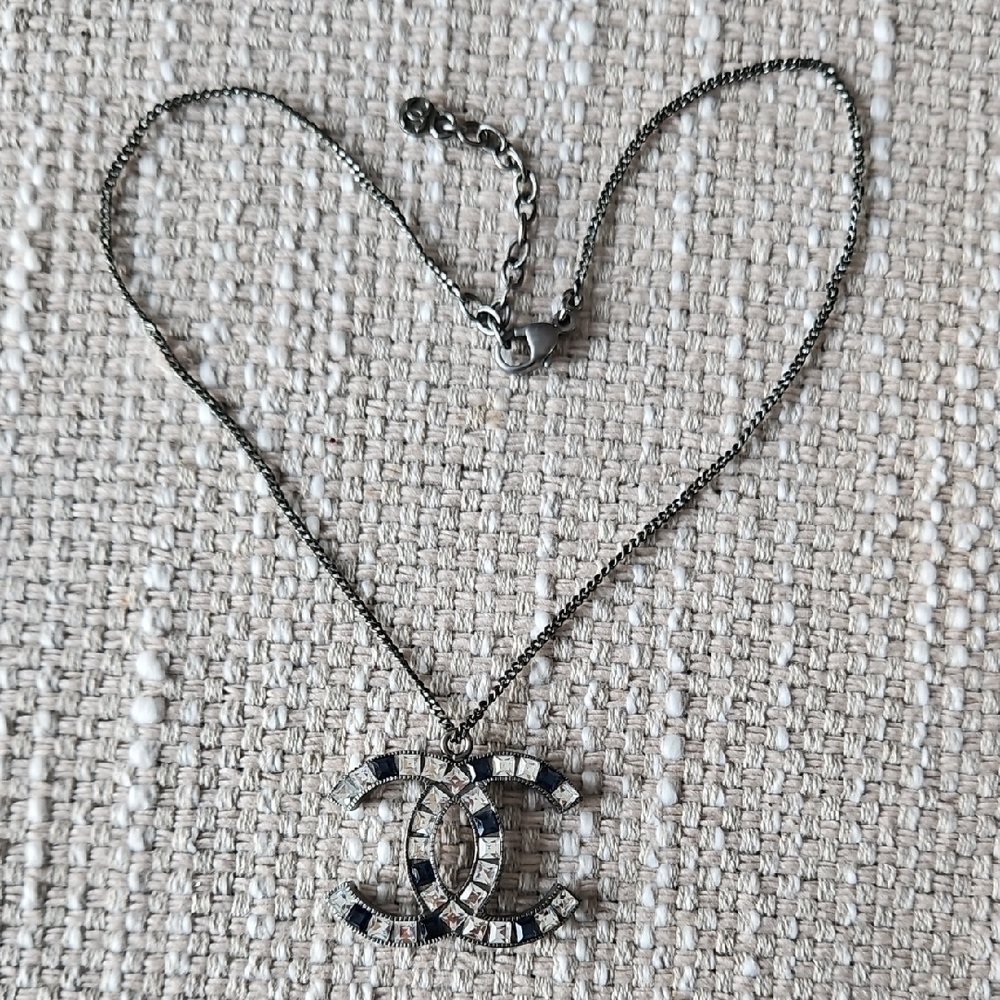 Chanel Gunmetal CC Logo Crystal Pendant Necklace Blue Clear 05P - Picture 2 of 6